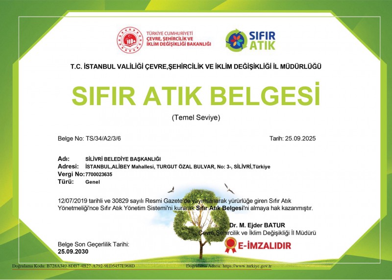 Silivri Belediyesi’ne “Sıfır Atık Belgesi”